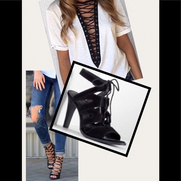 VERA WANG- Black lace up peep toe heels - Picture 1 of 3